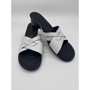 Clark's Black and White Slip On Chunky Heel Open Toe Sandals Womens Size 9